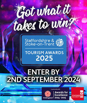 Infographic inviting businesses to enter the 2025 Staffordshire & Stoke Tourism Awards by 2nd September 2024. Click to enter the awards.