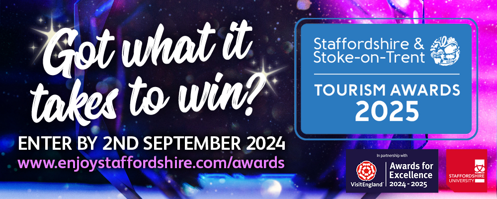 Infographic inviting businesses to enter 2025 Staffordshire and Stoke Tourism Awards. Click to enter the awards