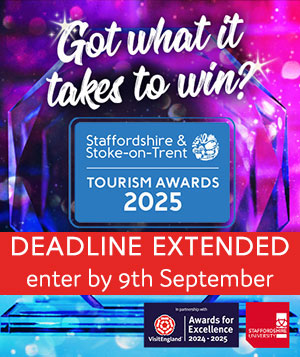 Infographic inviting businesses to enter the 2025 Staffordshire & Stoke Tourism Awards by 9th September 2024. Click to enter the awards.